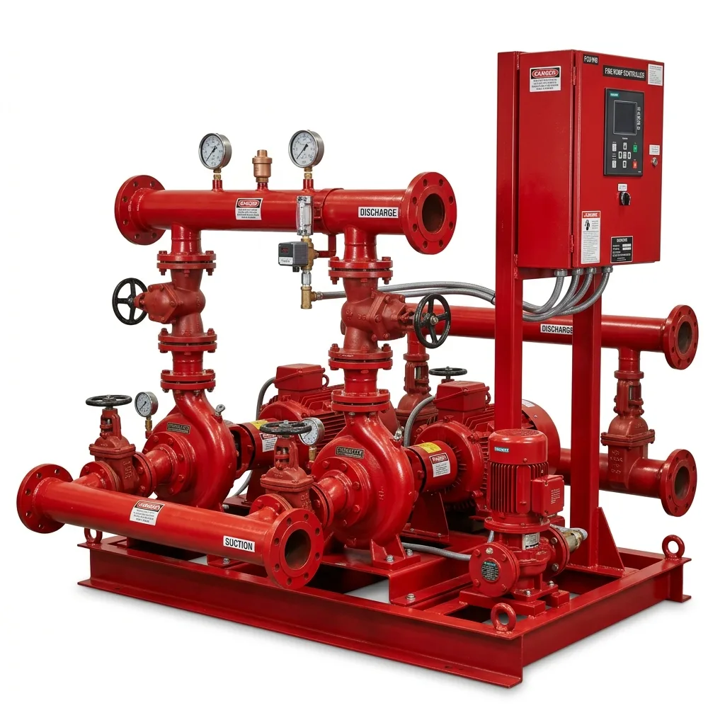 Red fire hydrant pump set on a steel skid with manifold pipework, pressure vessel and control panel
