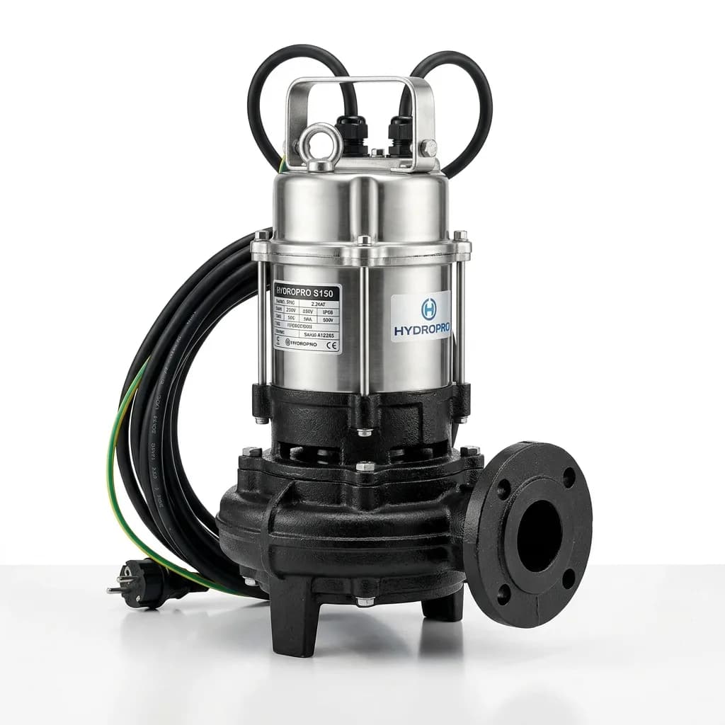 Cast iron submersible sewage pump with a large discharge elbow, float switch and power cable